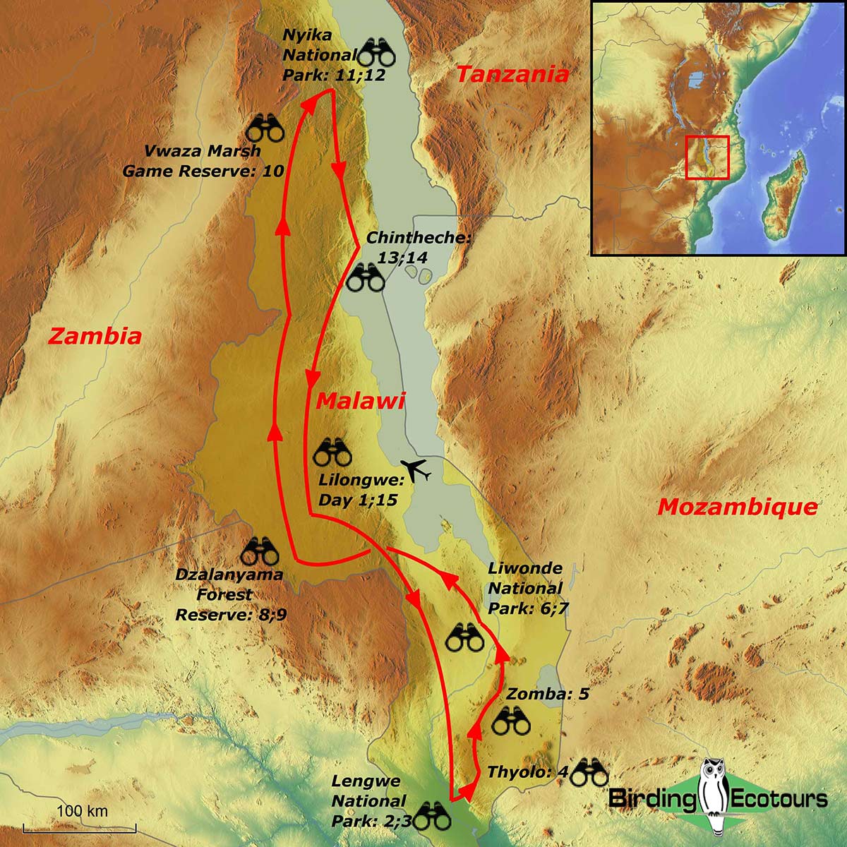 Map of birding tour in Complete Malawi: Birding the Warm Heart of Africa November 2024/2025