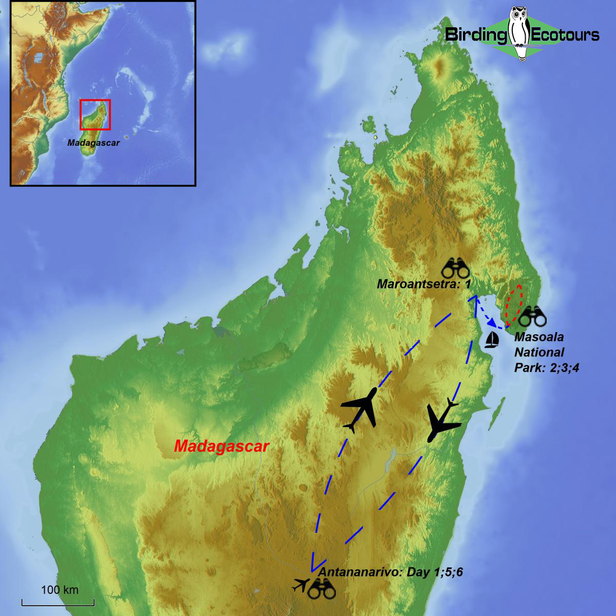 Map of birding tour in Madagascar: 6-day Masoala Peninsula Pre-tour October 2024/2025