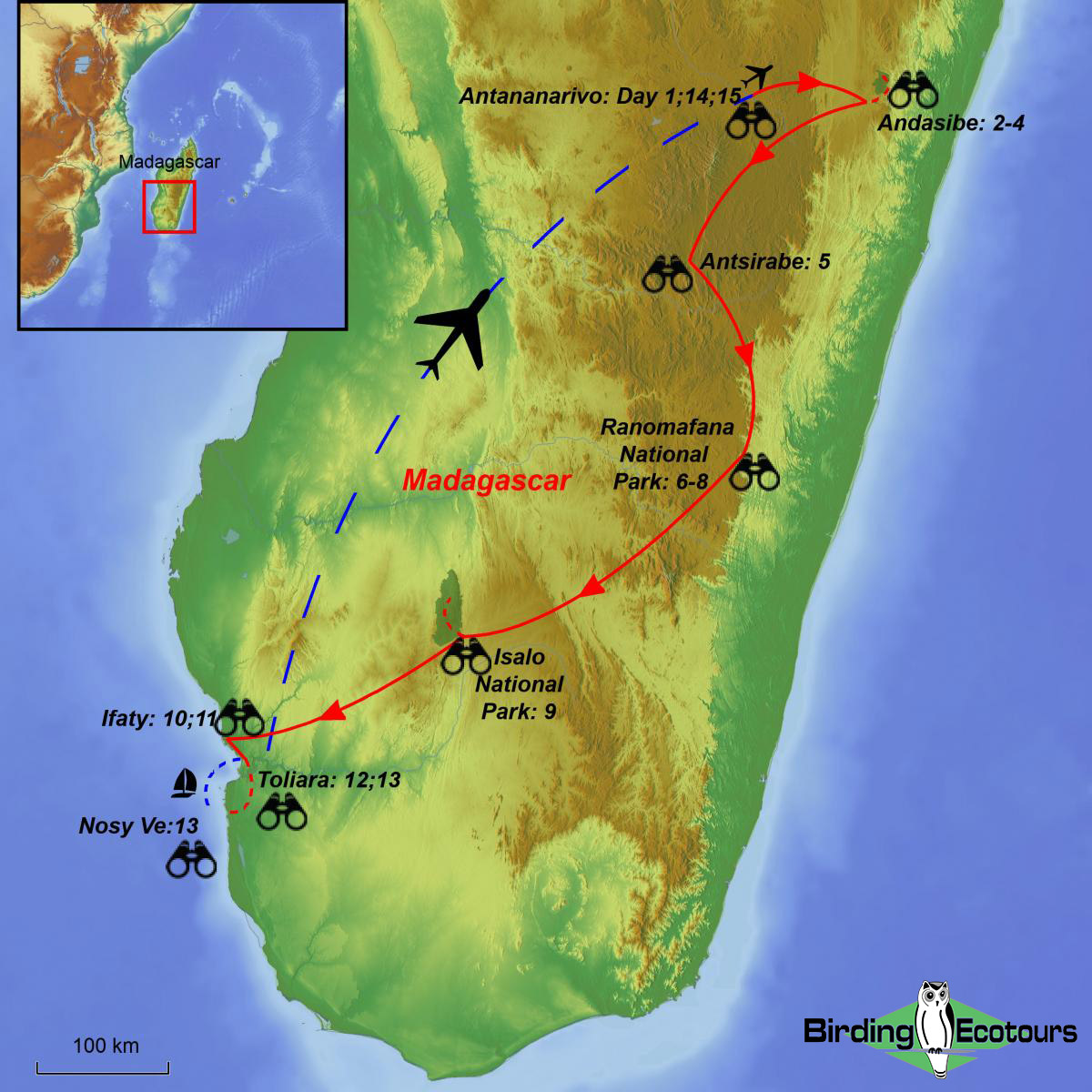 Map of birding tour in 14-day Best of Madagascar Birds & Wildlife October 2024/2025