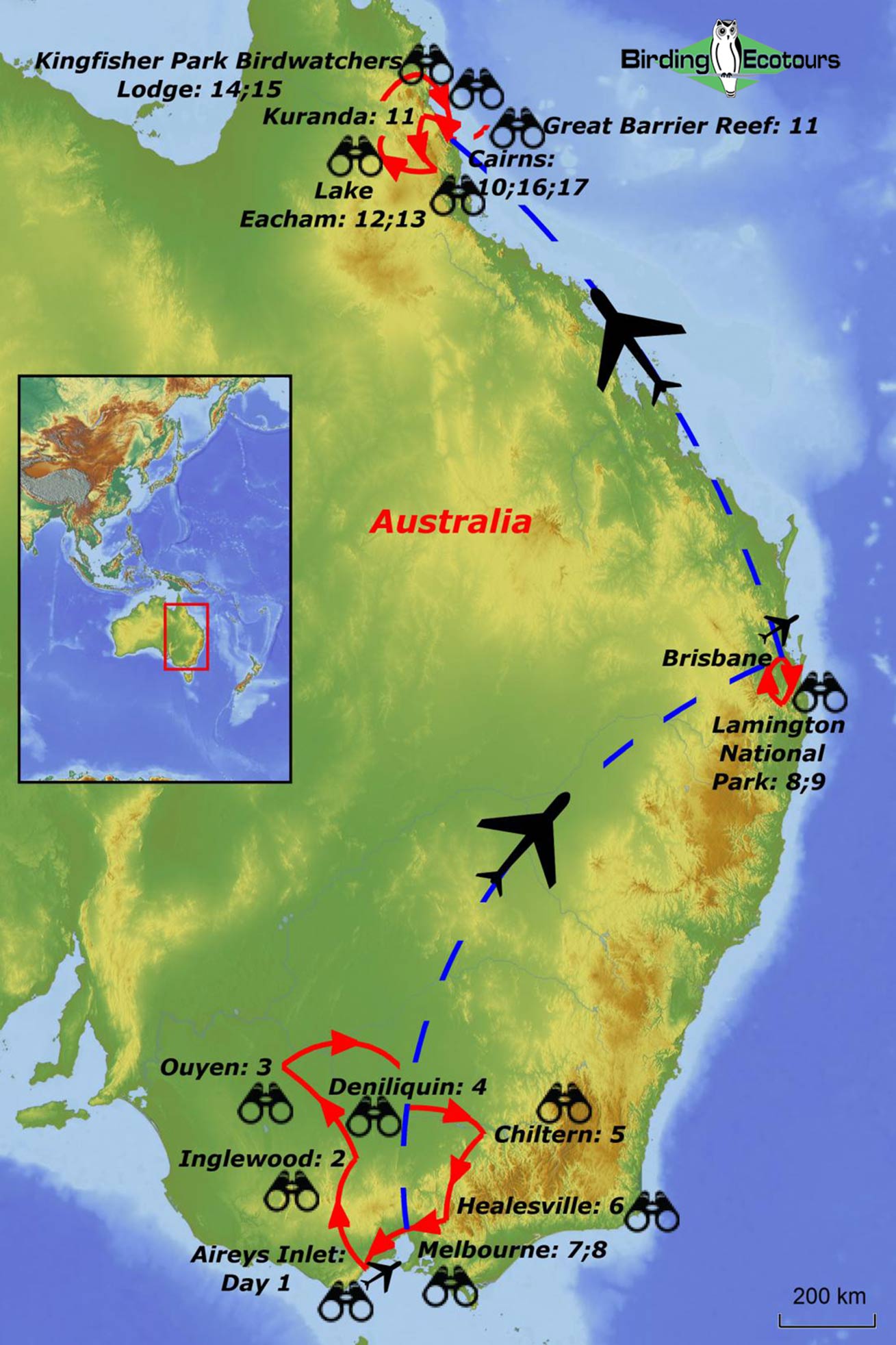 Map of birding tour in Australia: from the Outback to the Wet Tropics October/November 2023/2024