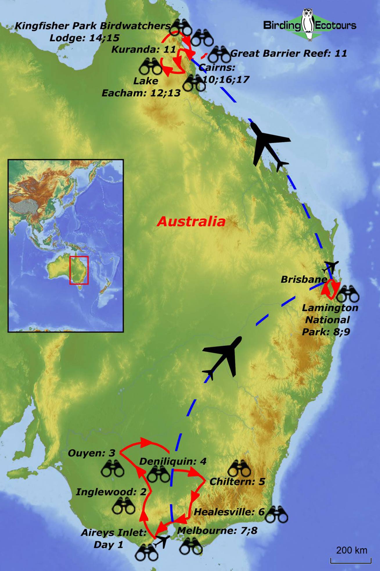 Map of birding tour in Australia: from the Outback to the Wet Tropics October 2024/2025/2026