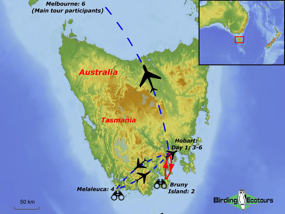 Map of birding tour in Australia: Tasmania – Endemics & the Orange-bellied Parrot October 2022/2023/November 2024