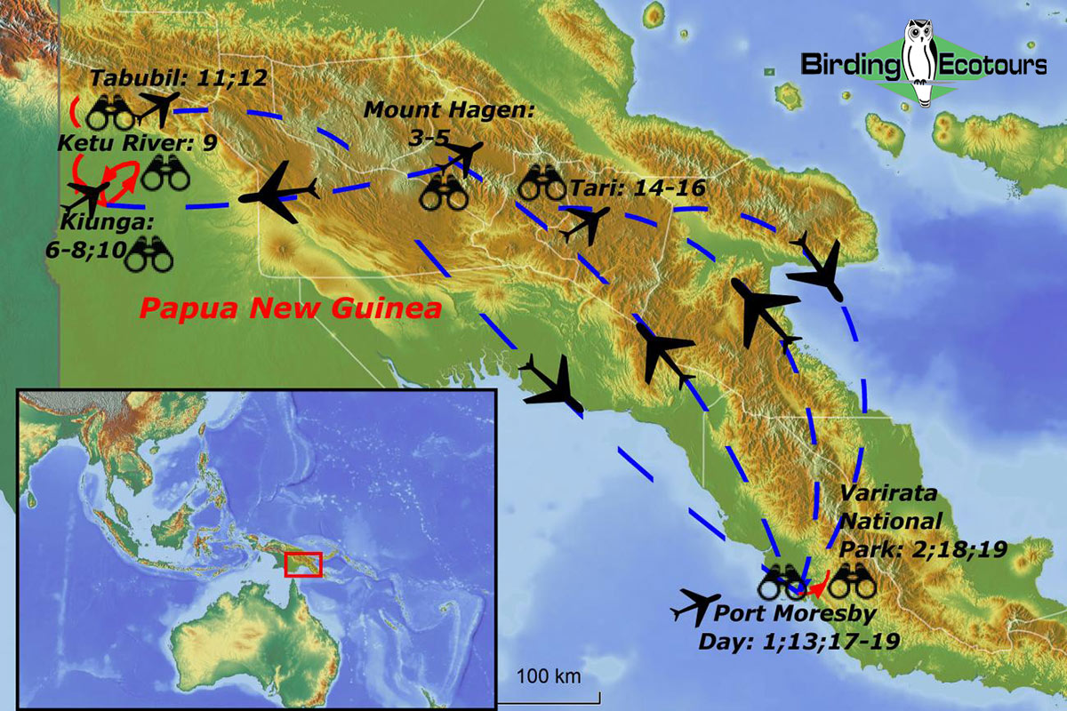 Map of birding tour in Papua New Guinea: Birding Attenborough’s Paradise August 2023/2024/2025