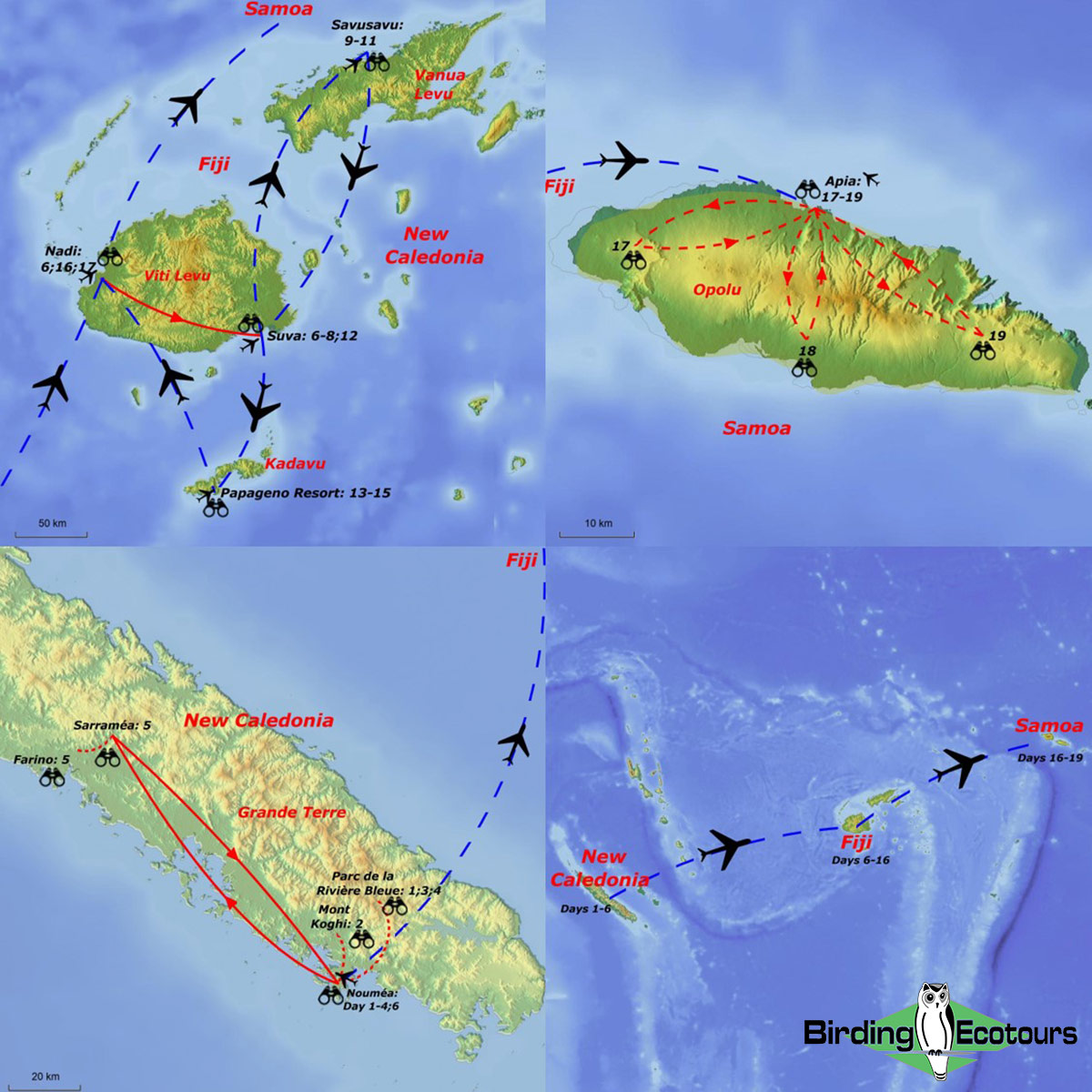 Map of birding tour in New Caledonia, Fiji & Samoa August/September 2023