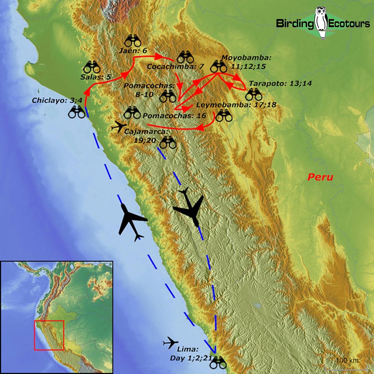 Map of birding tour in Comprehensive Northern Peru May 2024