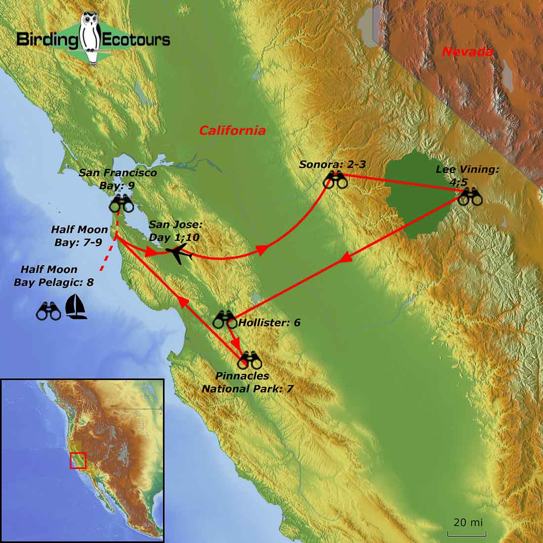 Map of birding tour in USA: Northern California – Mountains, Ocean & Desert September 2023/2024