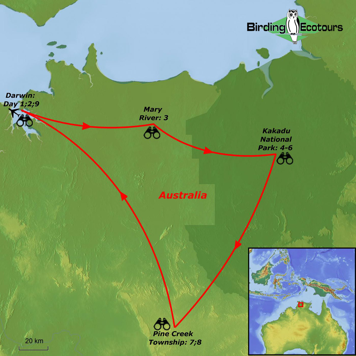 Map of birding tour in Australia: Northern Territory – Top End Birding September 2024