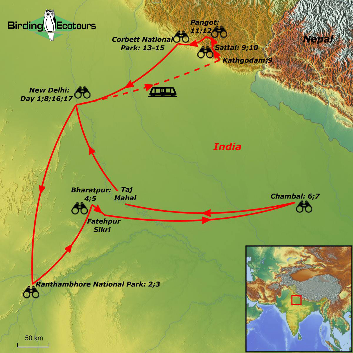 Map of birding tour in India: The North – Tigers, Amazing Birds & the Himalayas January 2025/2026