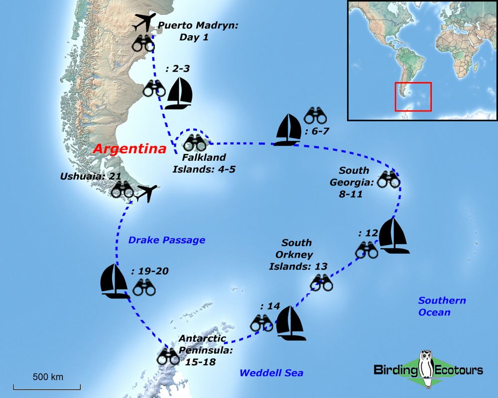 Map of birding tour in Antarctic Cruise: Falklands, South Georgia & Antarctic Peninsula November 2023