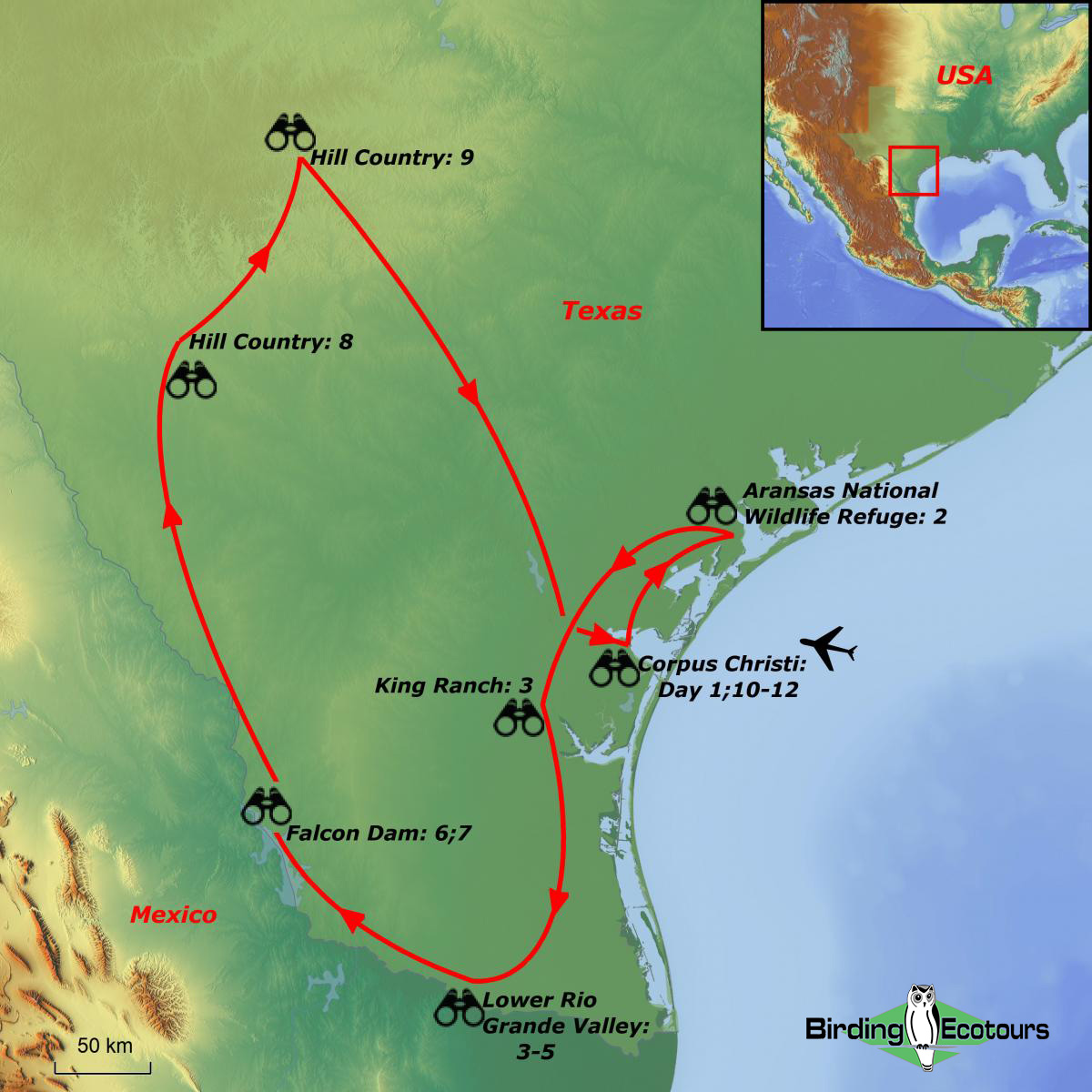 Map of birding tour in USA: Texas Spring — Rio Grande, Hill Country & Whooping Cranes March 2025