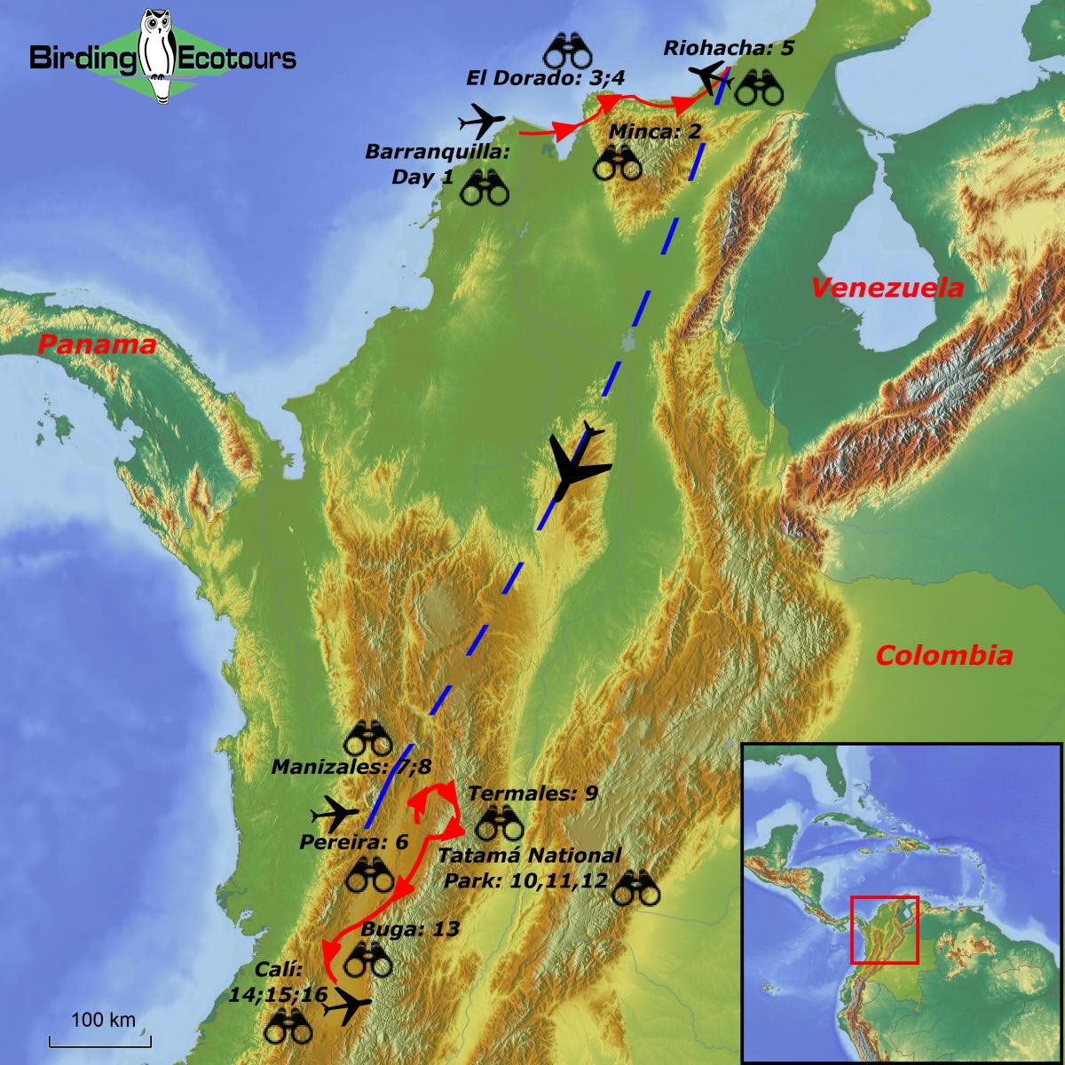 Map of birding tour in The Very Best of Colombia: Santa Marta, Andes & Chocó February 2025