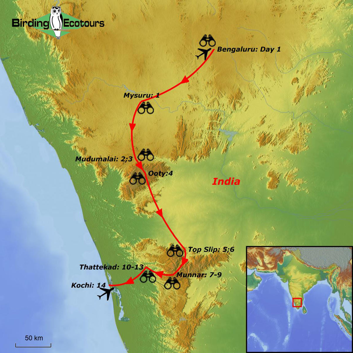 Map of birding tour in India: The South – Western Ghats & Nilgiri Endemics January 2024/2025