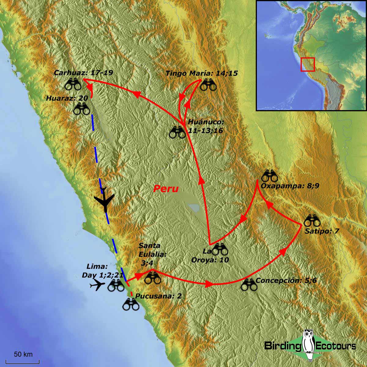 Map of birding tour in Central Peru September 2024