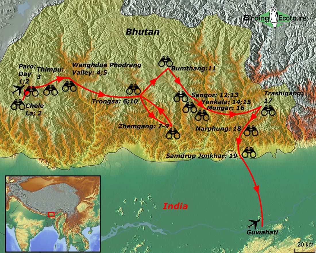 Map of birding tour in Bhutan: Bhutan in Spring April 2023/March 2024