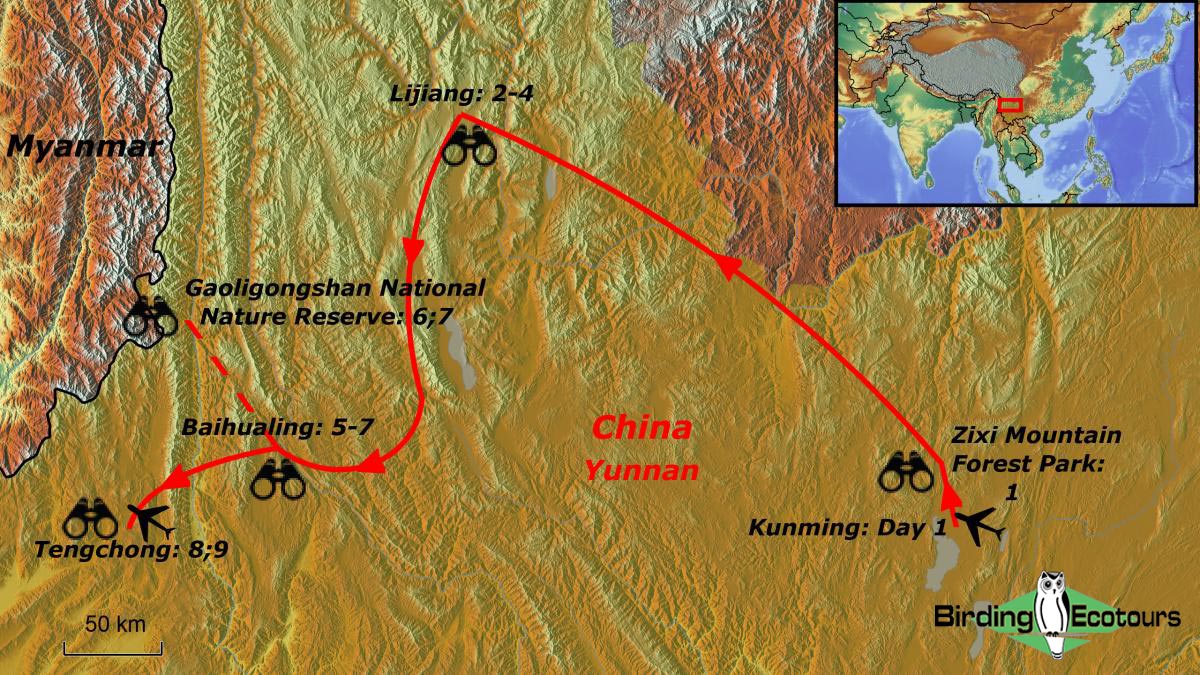 Map of birding tour in China: Yunnan Tour May 2025/2026