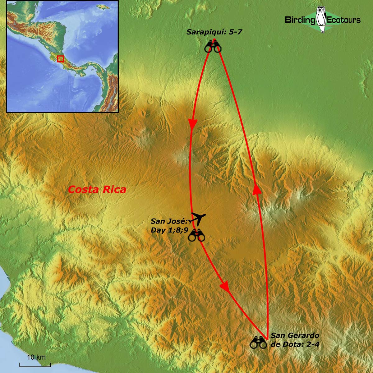 Map of birding tour in Costa Rica Escape January 2025