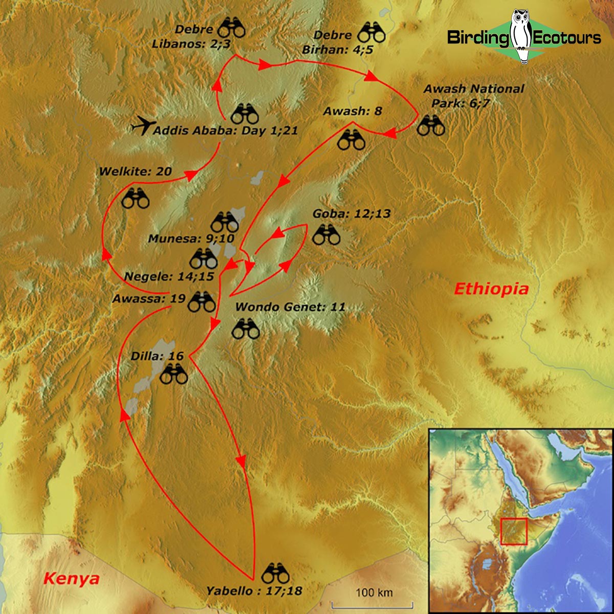 Map of birding tour in Ethiopia: Complete Abyssinia March 2024