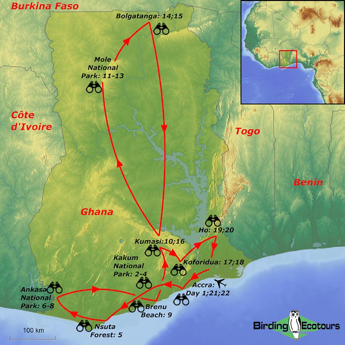 Map of birding tour in Ghana: Upper Guinea Forest to the Sahel March 2024