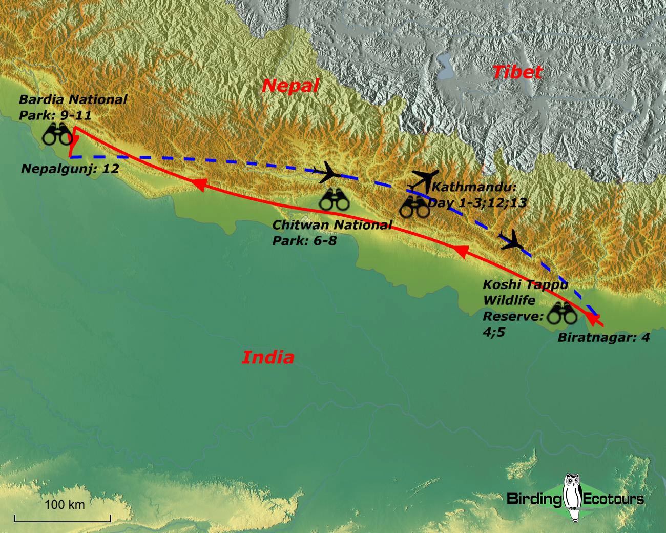 Map of birding tour in Nepal: Easy Himalayan Birding March 2023/2024/2025