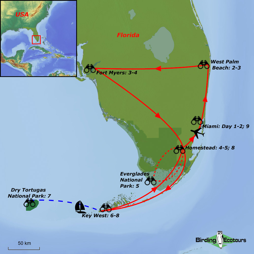 Map of birding tour in USA: Florida Peninsula – Southern Specials & the Keys April 2024