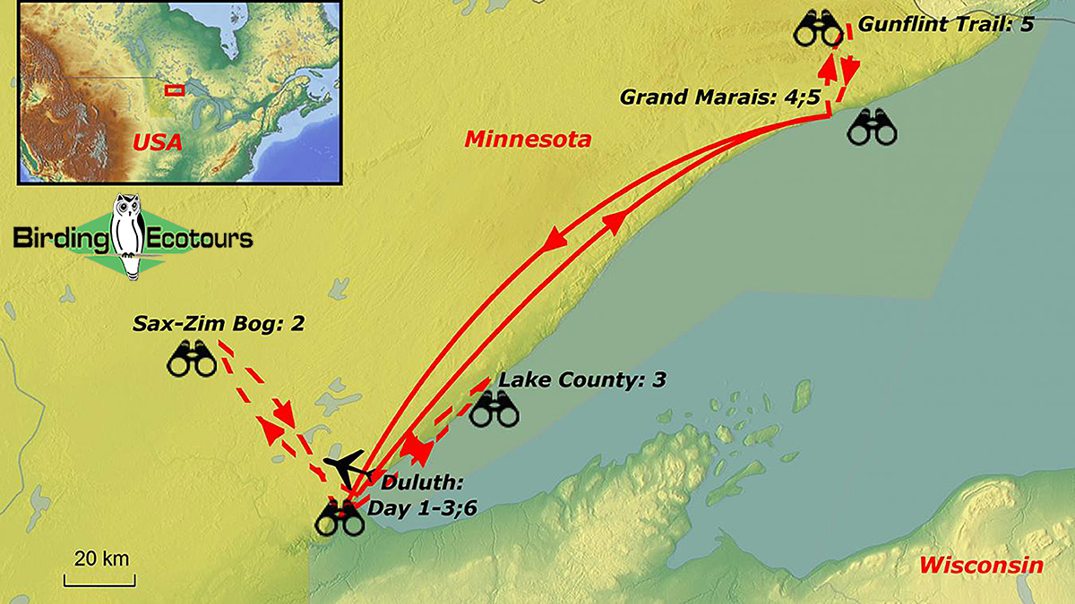 Map of birding tour in USA: Owls & Winter Birding in the Boreal Forest of Minnesota January 2025