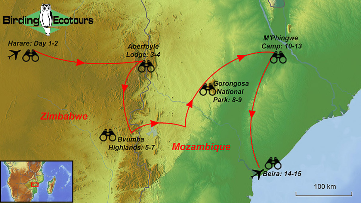 Map of birding tour in Highland Zimbabwe to Coastal Mozambique Birding Tour — African Pitta Special November 2023