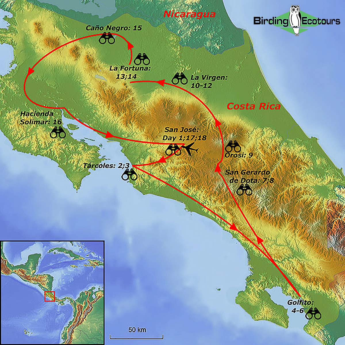 Map of birding tour in Costa Rica Premium Tour March 2023