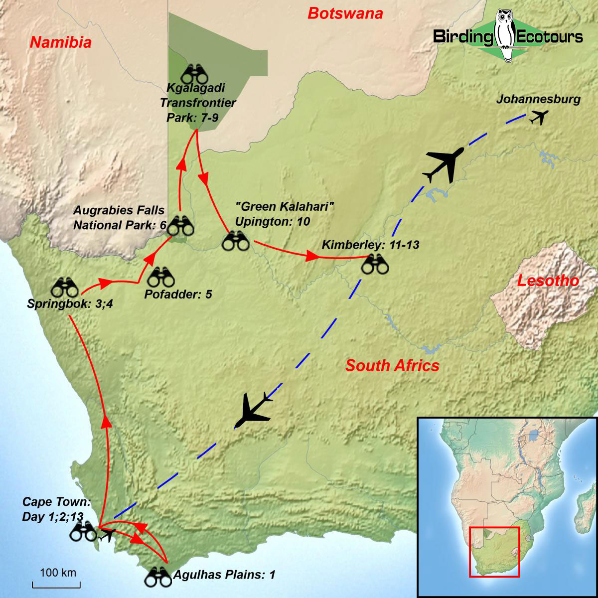 Map of birding tour in Western South Africa: Cape Endemics, Namaqualand Wildflowers & the Kalahari August 2023