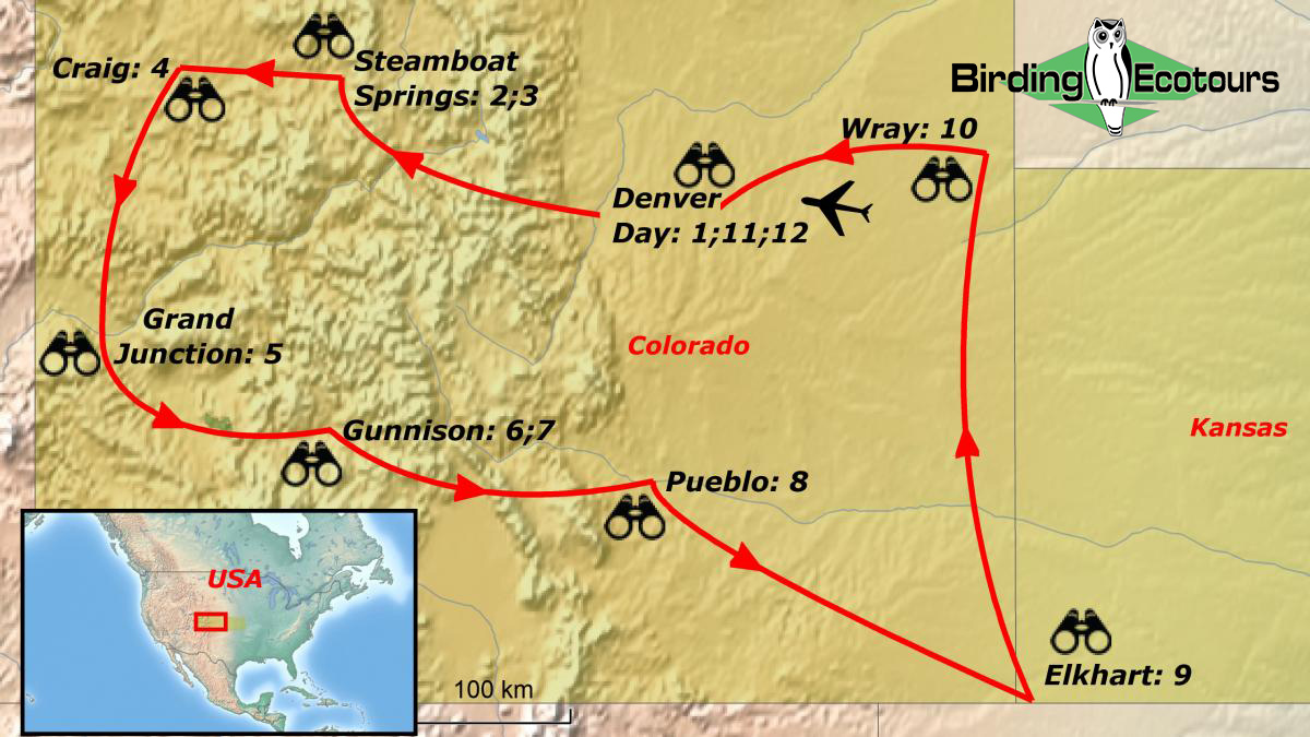 Map of birding tour in USA: Colorado – Lekking Grouse & Rocky Mountains April 2023