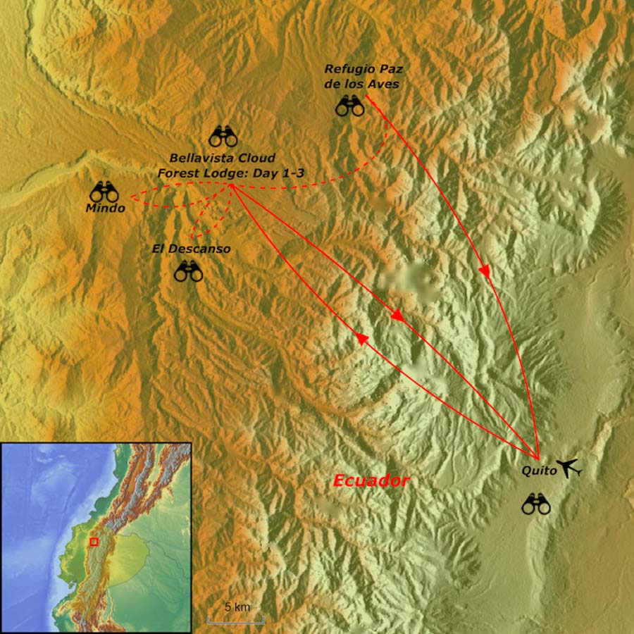 Map of birding tour in Ecuador: 3-day Yanacocha Reserve and Angel Paz