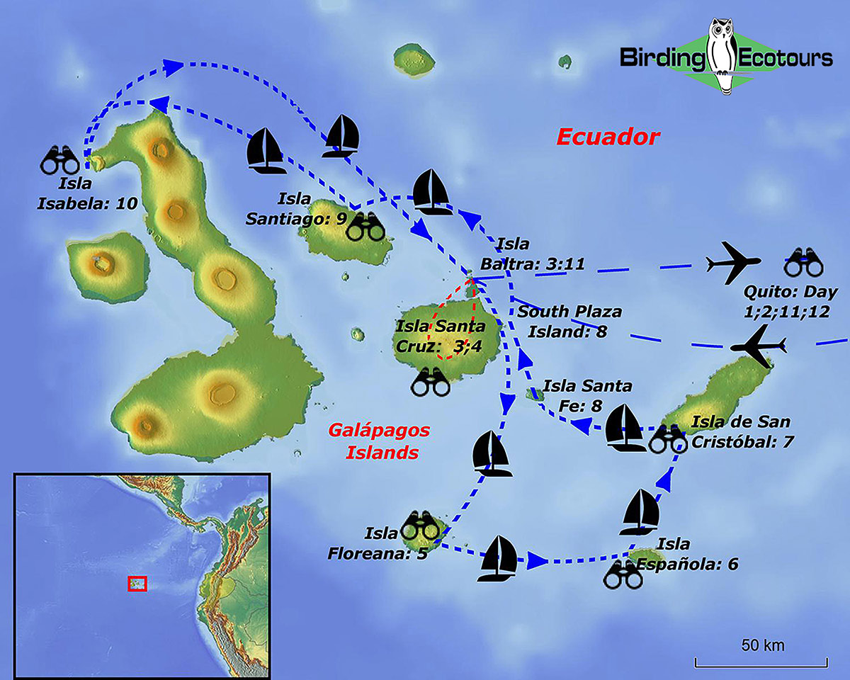 Map of birding tour in Galápagos: Natural History Extravaganza October 2024/2025