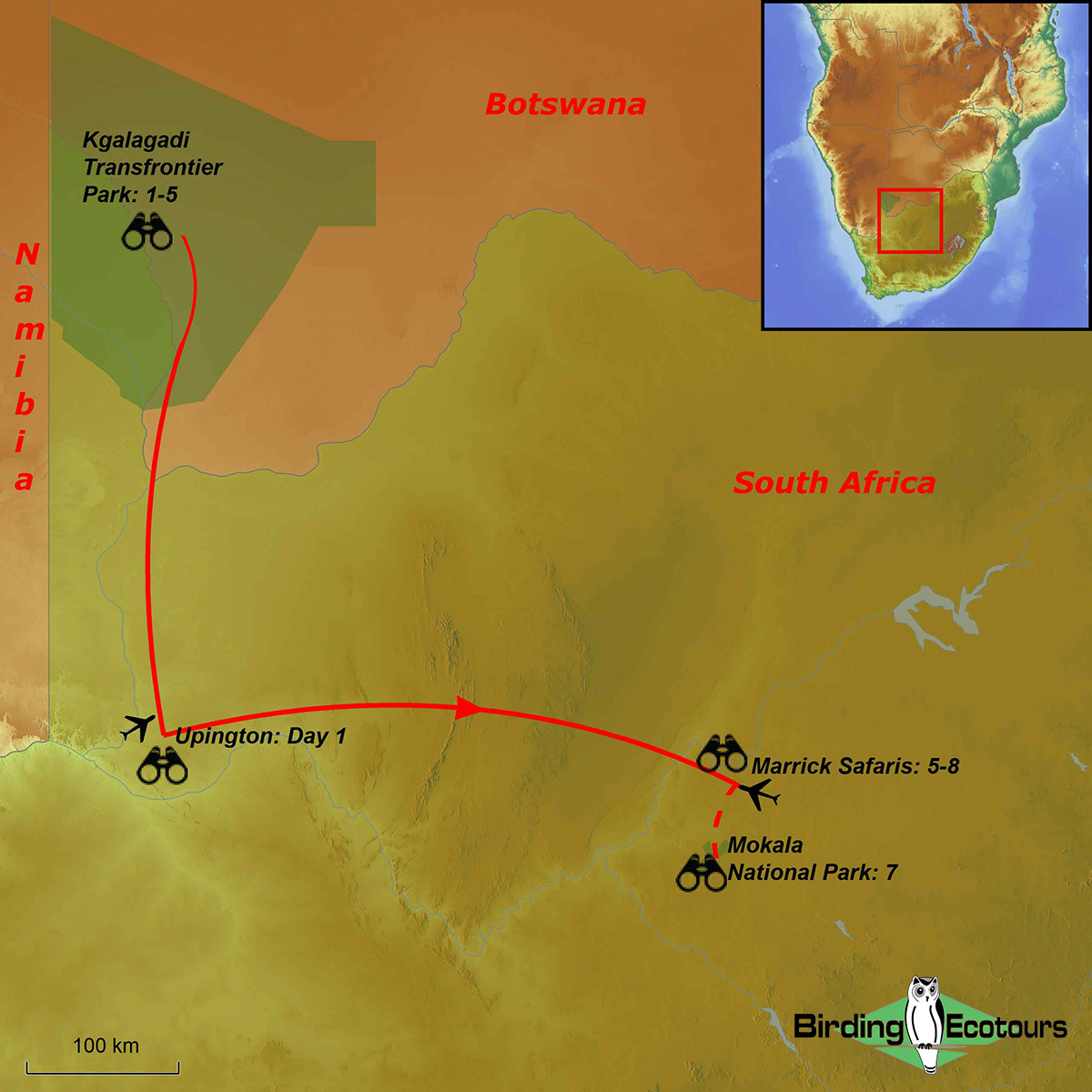 Map of birding tour in South Africa: Mammal & Birding – The Kalahari September 2023