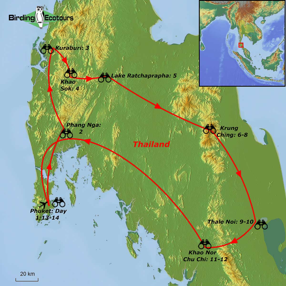 Map of birding tour in Southern Thailand Birding Tour: Jewels of the South February 2024/2025