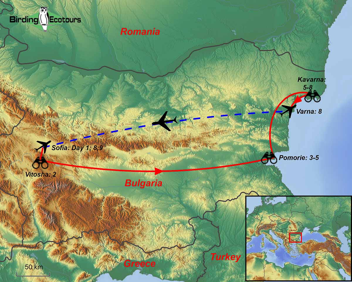 Map of birding tour in Bulgaria: Birding the Black Sea & Vitosha in Winter February 2024