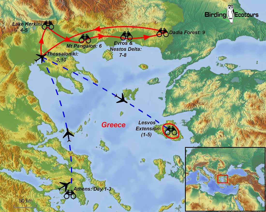 Map of birding tour in Greece: Spring Birding Adventure April 2023
