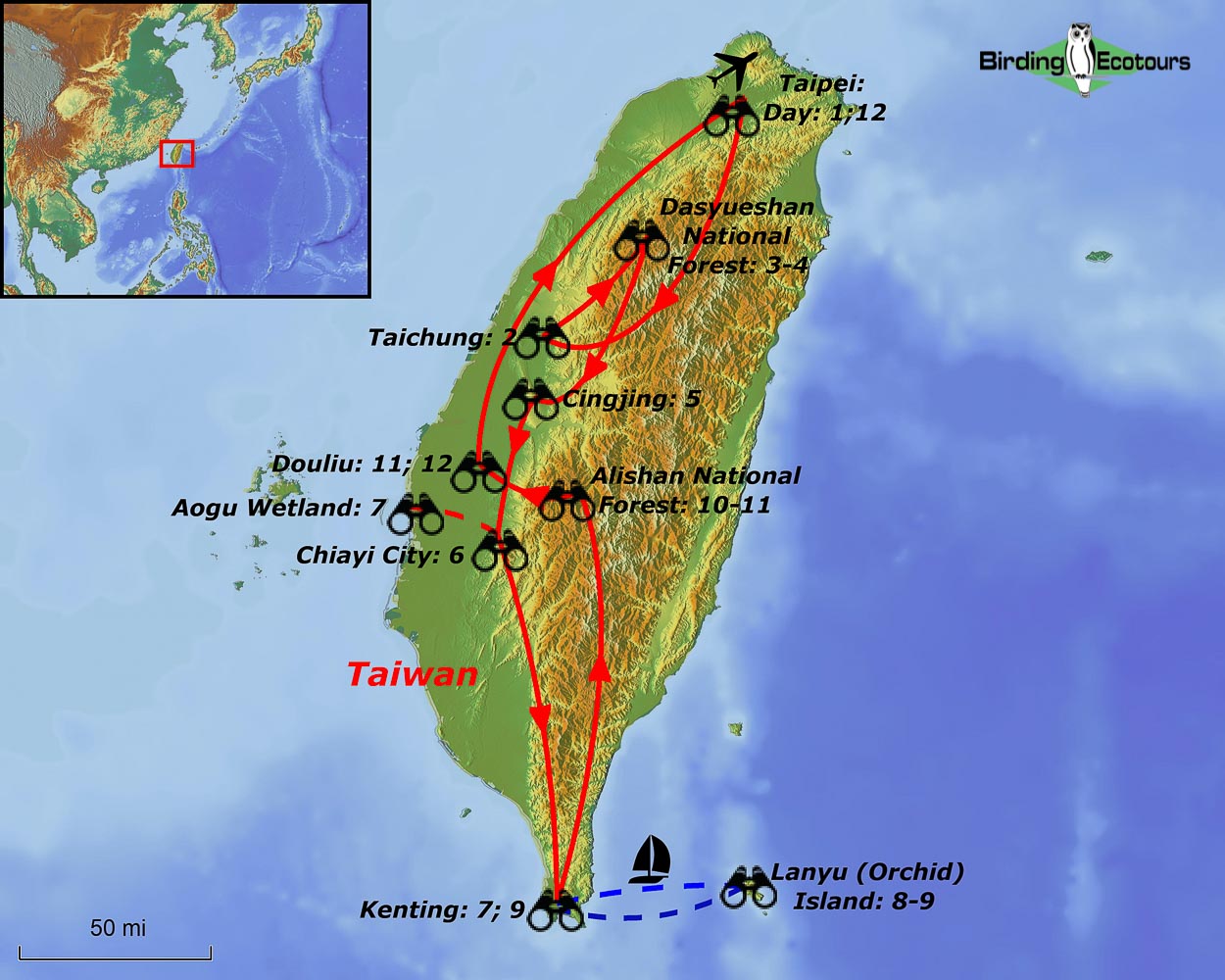 Map of birding tour in Taiwan: Endemic Birding Extravaganza April 2025