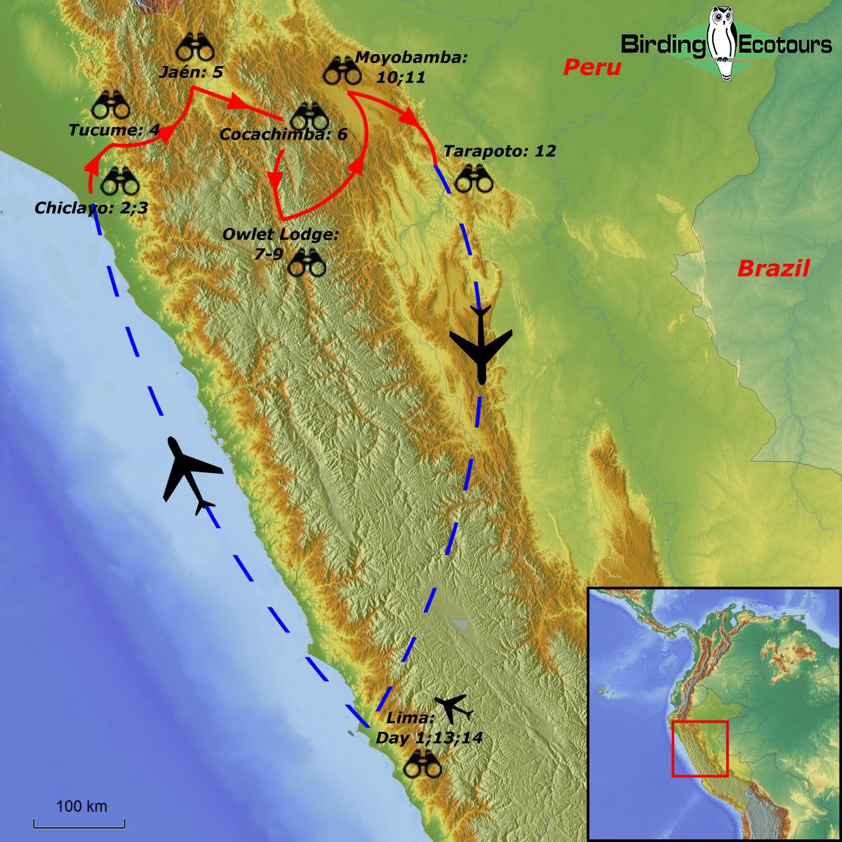 Map of birding tour in Peru: Northwest & Abra Patricia Mountains May 2025