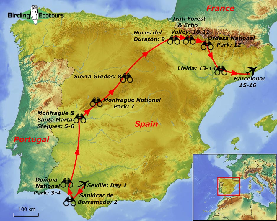 Map of birding tour in Spain: Spring Birding Extravaganza April 2024/2025/2026