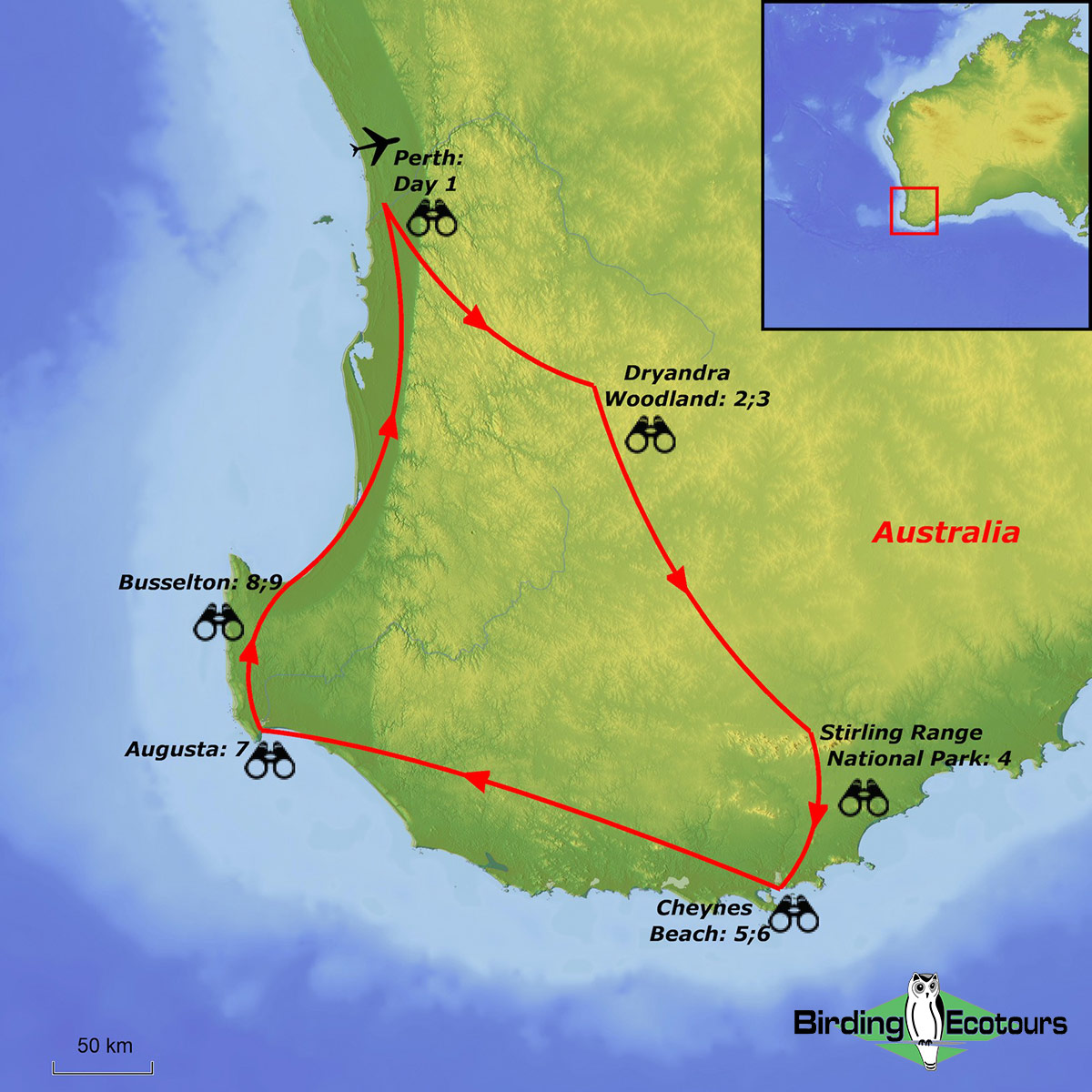 Map of birding tour in Western Australia: Southwest Specialties October 2023/2024