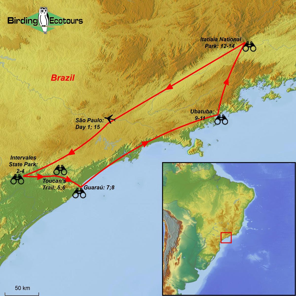 Map of birding tour in Southeast Brazil – Atlantic Forest Endemics Paradise October 2023