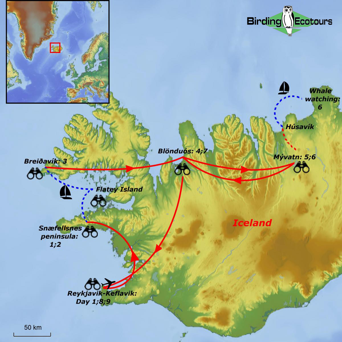 Map of birding tour in Iceland: Viking Birding June 2024