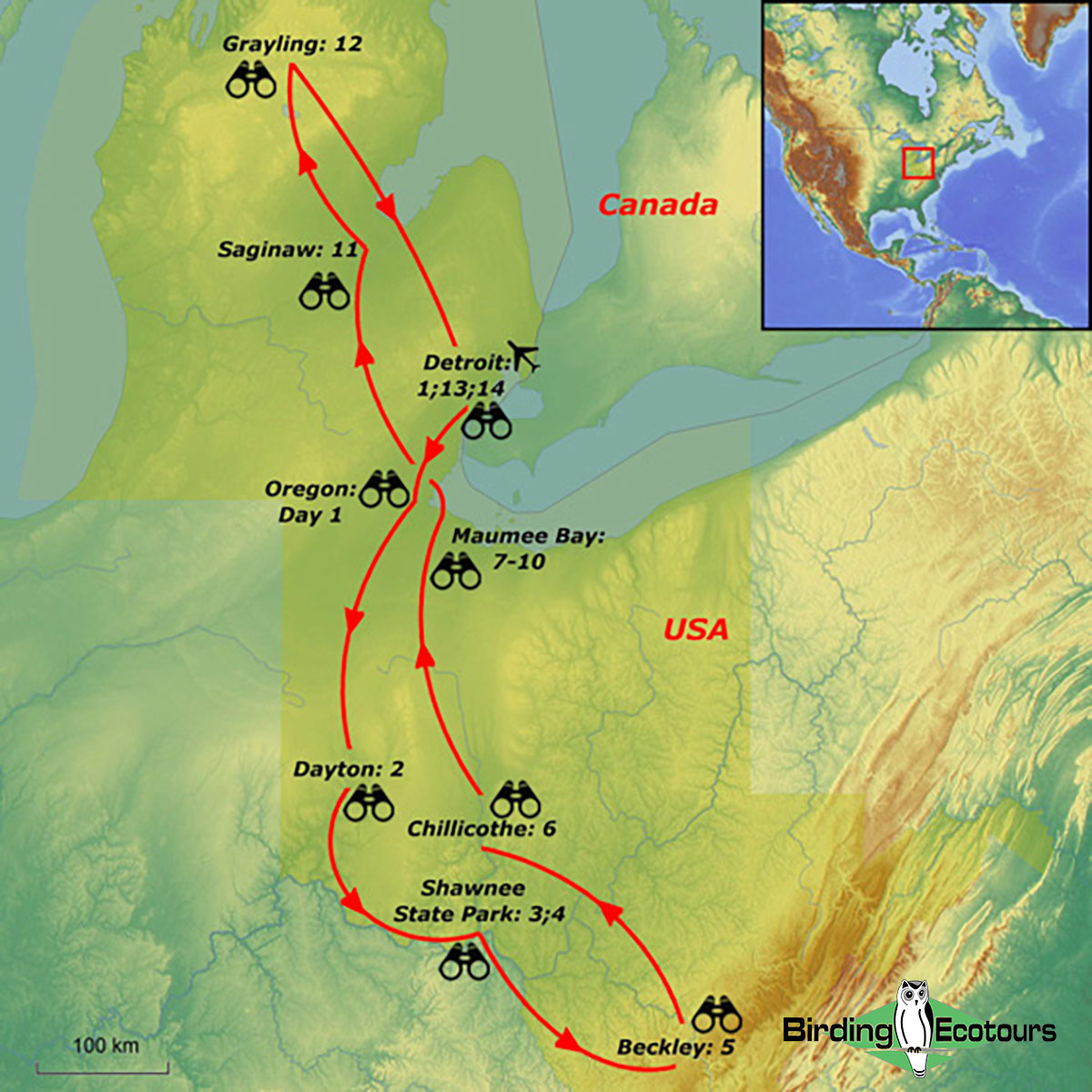 Map of birding tour in USA: Ohio – Eastern Warblers & Spring Migration Spectacular May 2023/2024