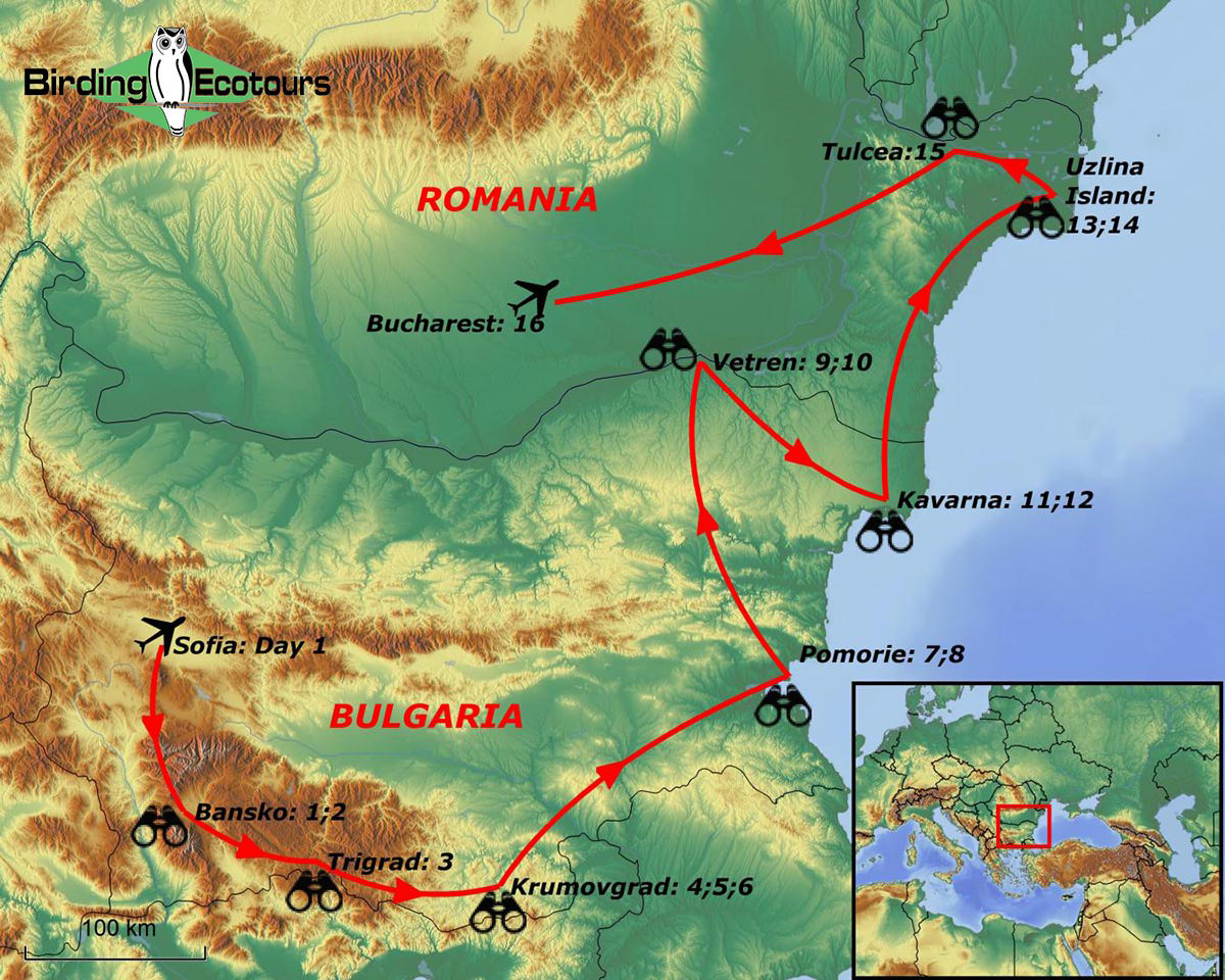 Map of birding tour in Bulgaria & Romania: Birding the Balkans in Spring May 2023