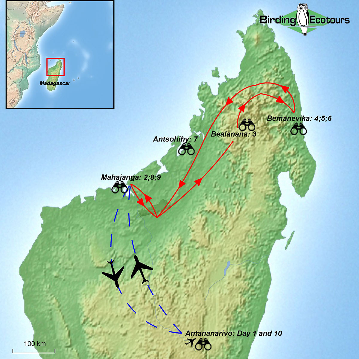 Map of birding tour in Madagascar: The Remote North September 2023