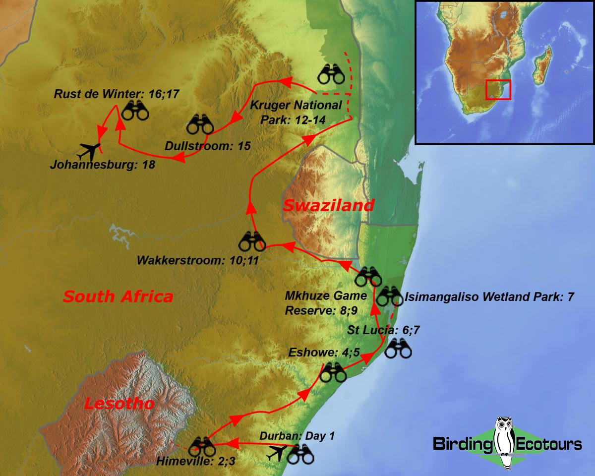 Map of birding tour in Subtropical South Africa Birding Tour: Comprehensive Eastern South Africa October 2023 / 2024