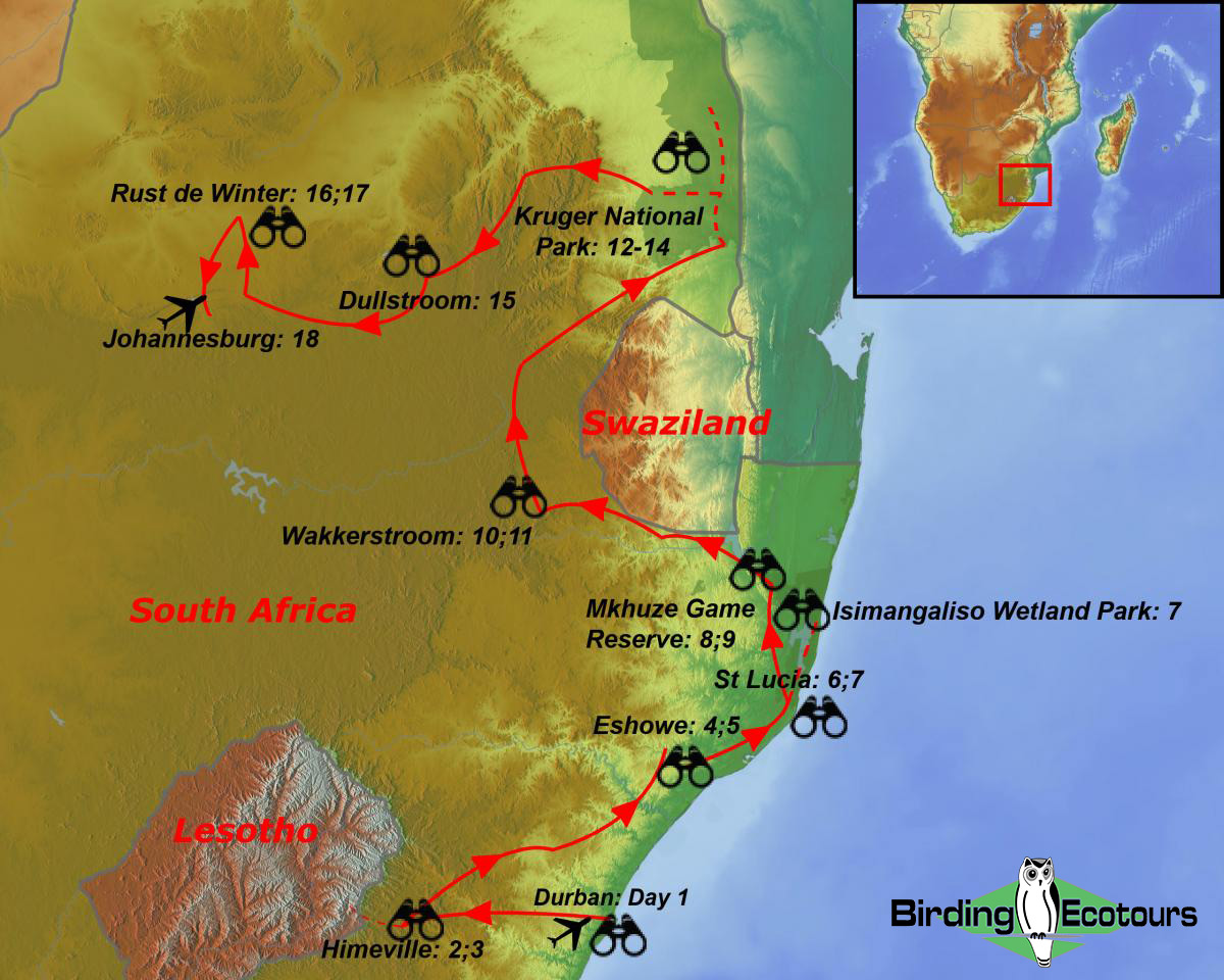 Map of birding tour in Subtropical South Africa Birding Tour: Comprehensive Eastern South Africa November 2024/October 2024/2025