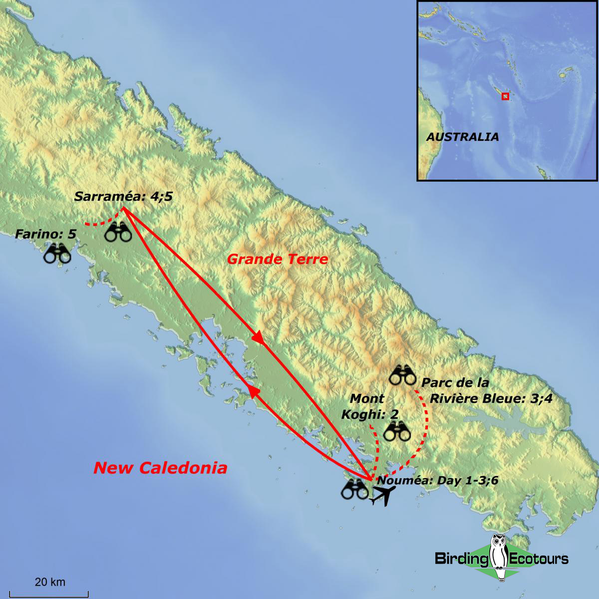 Map of birding tour in New Caledonia: Kagu & Other Endemics November 2023/September 2024