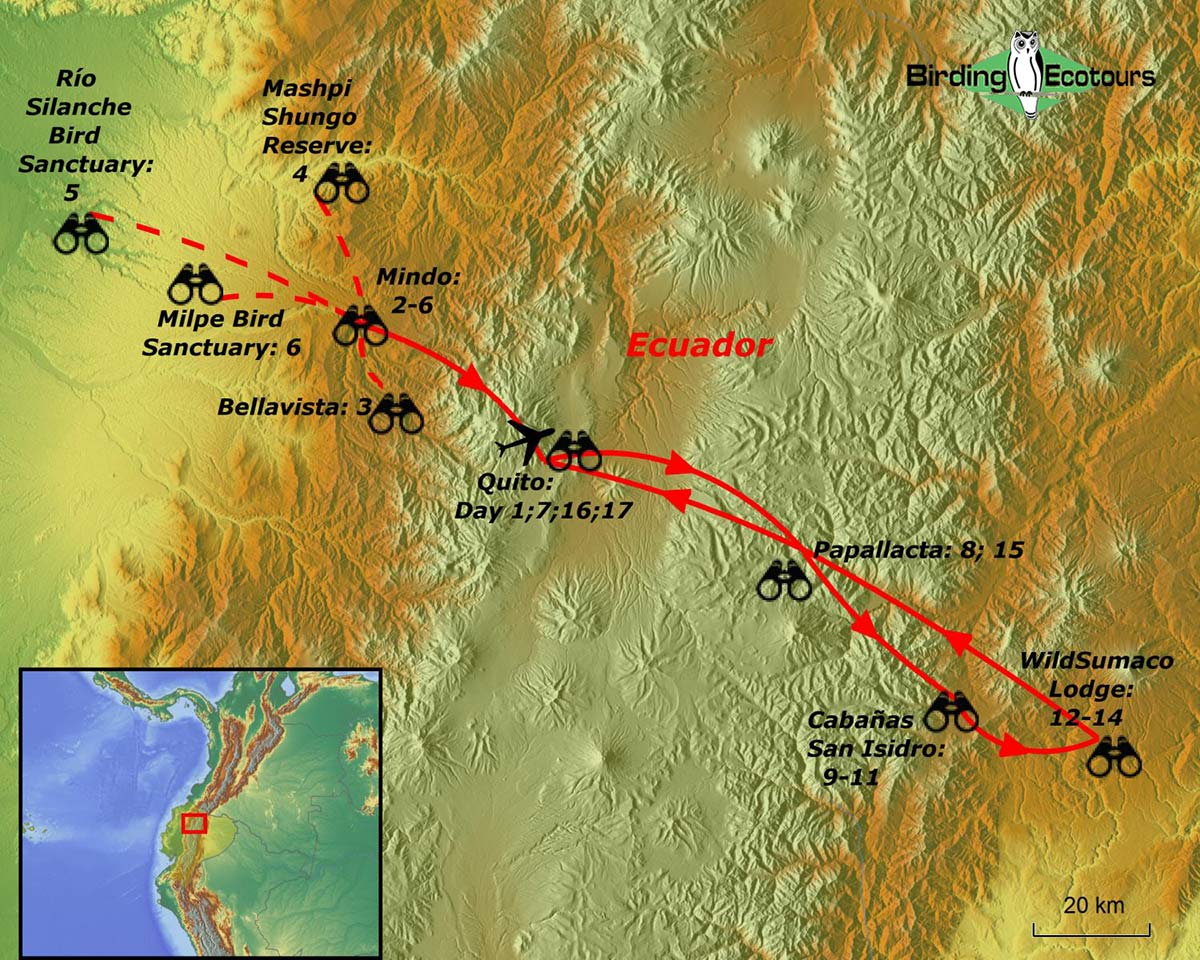 Map of birding tour in Northern Ecuador Birding Paradise – Hummingbird & Antpitta Extravaganza November 2024/2025