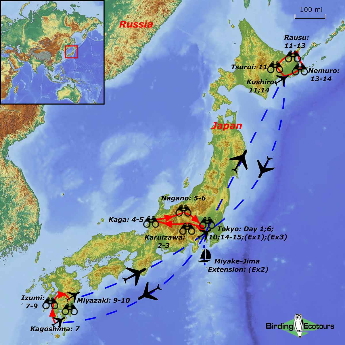 Map of birding tour in Japan: Spectacular Winter Birds February 2024/2025