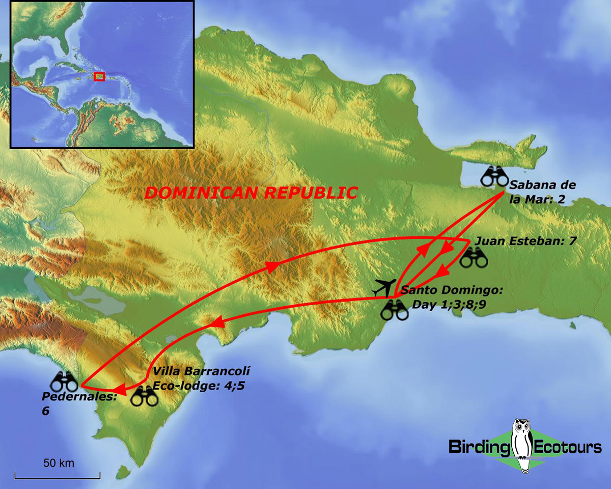 Map of birding tour in Complete Dominican Republic March 2023/2024